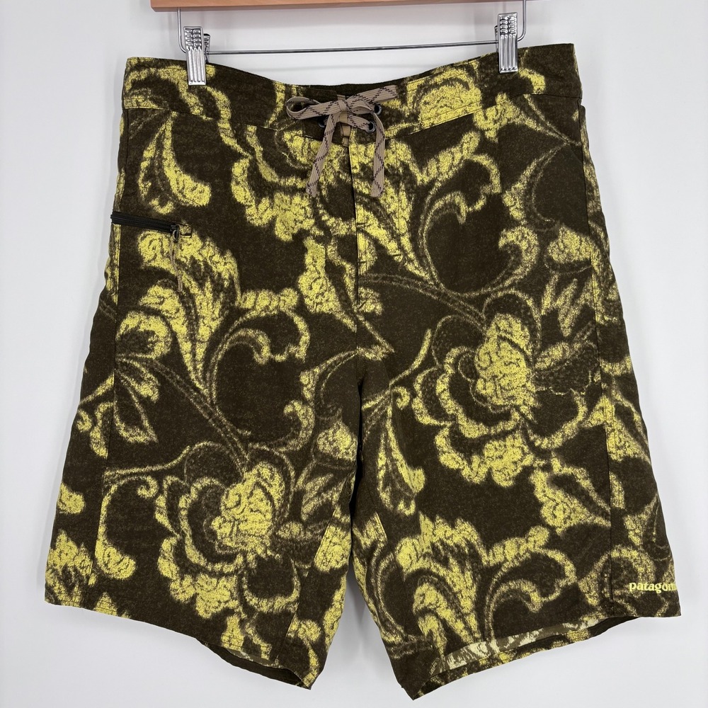 Patagonia Wavefarer Board Shorts Mens 34 Brown Yellow Floral Swim Trunks
